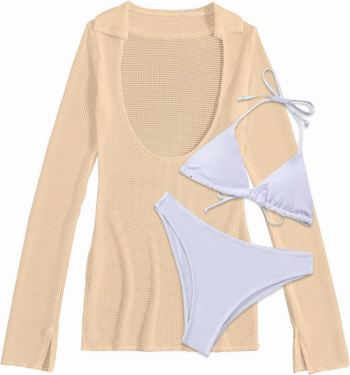 Lilosy Sexy Long Sleeve Mesh Swimsuit 3 Pieces Cover Up Bikini Set