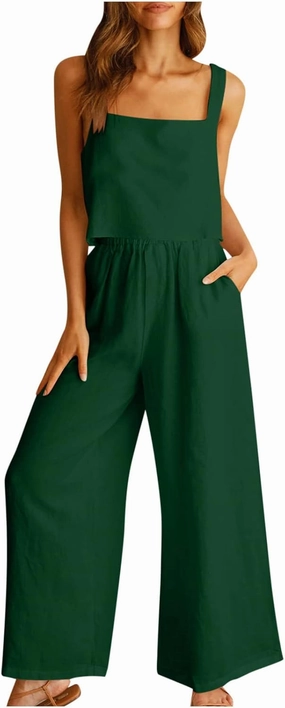 Linen Two Piece Sets For Women Summer Beach Vacation Outfits 2024 Crop Tank Top Wide Leg Pants Matching Lounge Set