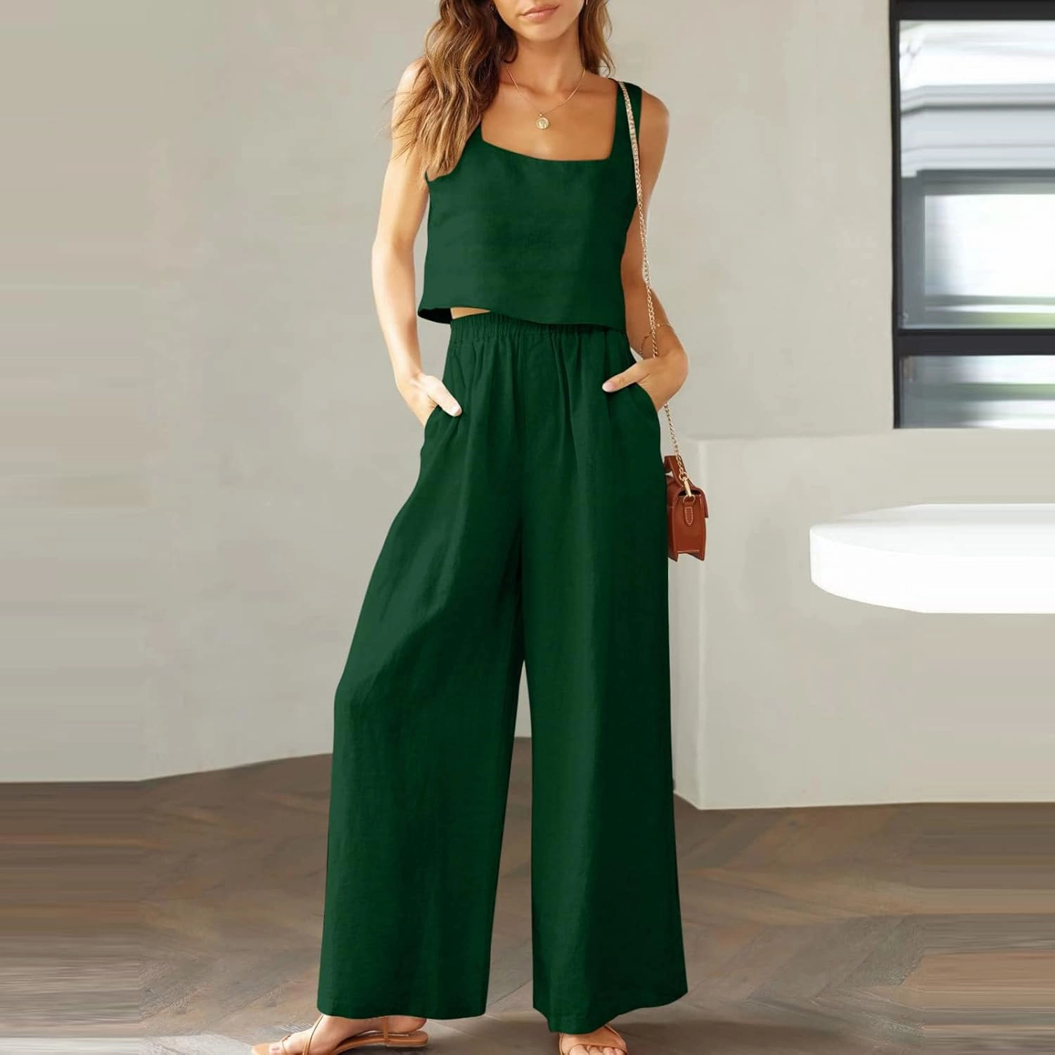 Linen Two Piece Sets For Women Summer Beach Vacation Outfits 2024 Crop Tank Top Wide Leg Pants Matching Lounge Set