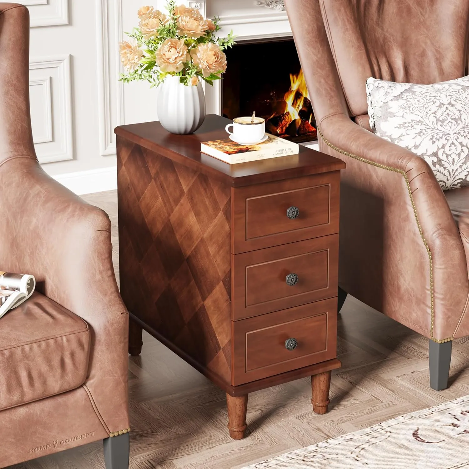 LITTLE TREE Fully Assembled End Table, Narrow Side Table with 3 Drawers, Pre-Assembled Nightstand Slim Bedside Table for Small Spaces, Living Room, Bedroom, Brown