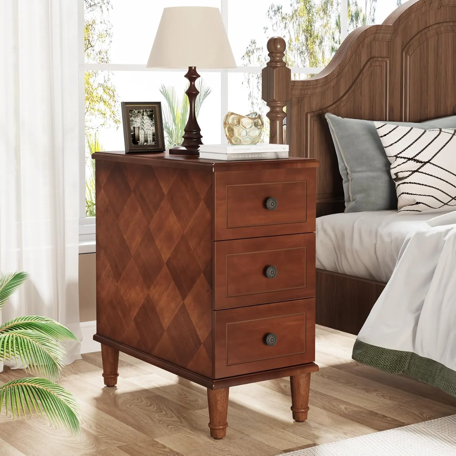 LITTLE TREE Fully Assembled End Table, Narrow Side Table with 3 Drawers, Pre-Assembled Nightstand Slim Bedside Table for Small Spaces, Living Room, Bedroom, Brown