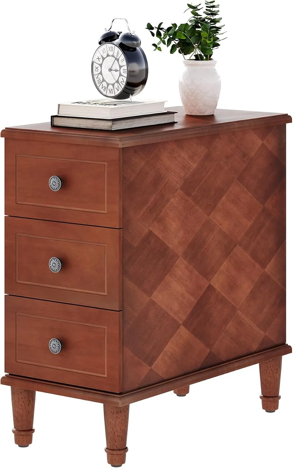LITTLE TREE Fully Assembled End Table, Narrow Side Table with 3 Drawers, Pre-Assembled Nightstand Slim Bedside Table for Small Spaces, Living Room, Bedroom, Brown