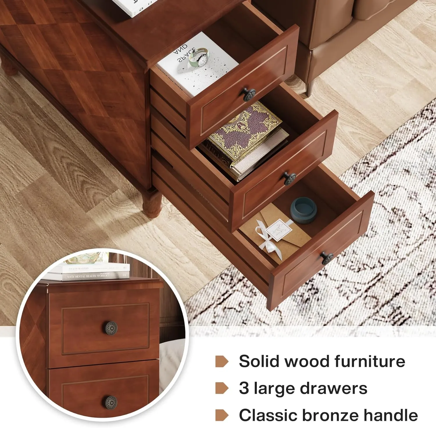 LITTLE TREE Fully Assembled End Table, Narrow Side Table with 3 Drawers, Pre-Assembled Nightstand Slim Bedside Table for Small Spaces, Living Room, Bedroom, Brown
