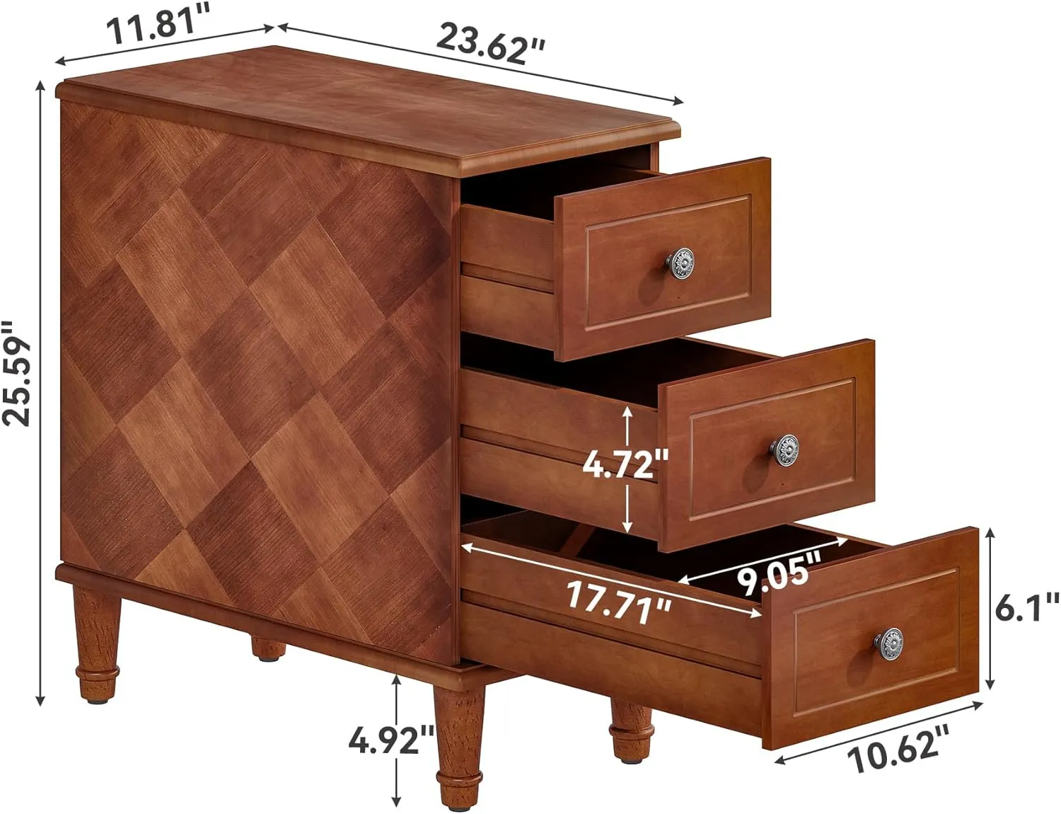LITTLE TREE Fully Assembled End Table, Narrow Side Table with 3 Drawers, Pre-Assembled Nightstand Slim Bedside Table for Small Spaces, Living Room, Bedroom, Brown