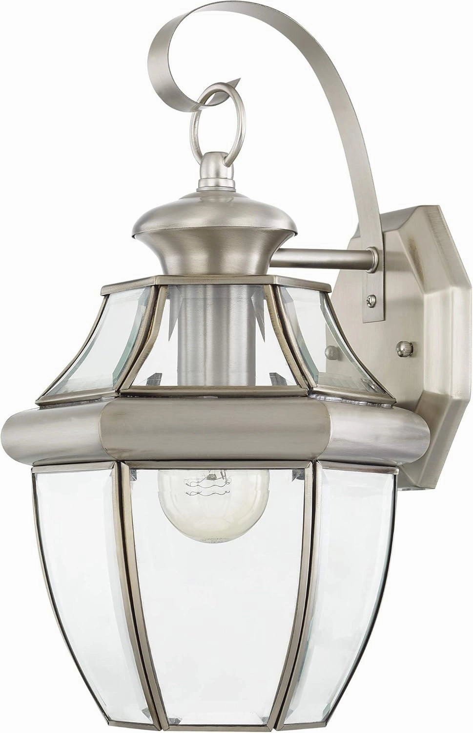 Livex Lighting 2151-91 Monterey 1 Light Outdoor Brushed Nickel Finish Solid Brass Wall Lantern with Clear Beveled Glass 13" x 8.5" x 8.25"