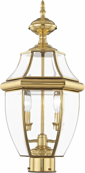 Livex Lighting 2254-02 Monterey 2 Light Outdoor Polished Brass Finish Solid Brass Post Head with Clear Beveled Glass