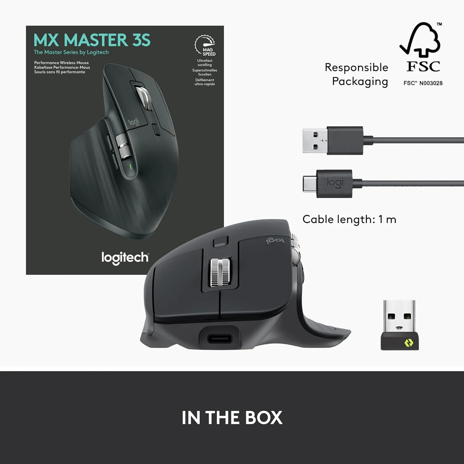 Logitech MX Master 3S Wireless Mouse, Ultra-fast Scrolling, Ergo, 8K DPI, Track on Glass, Quiet Clicks, USB-C, Bluetooth, Windows, Linux, Chrome - Graphite