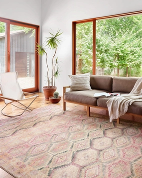 Loloi II Layla Collection, LAY-17, Pink/Lagoon, 2'-0" x 5'-0", .13" Thick, Accent Rug, Soft, Durable, Vintage Inspired, Distressed, Low Pile, Non-Shedding, Easy Clean, Printed, Living Room Rug