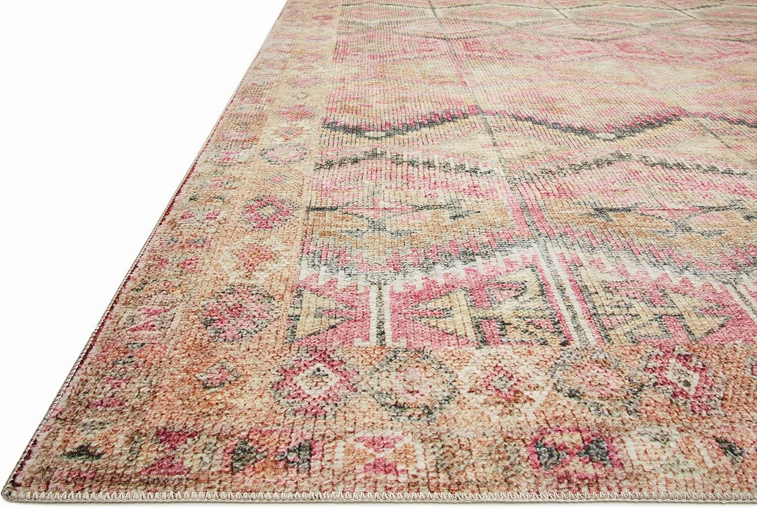 Loloi II Layla Collection, LAY-17, Pink/Lagoon, 2'-0" x 5'-0", .13" Thick, Accent Rug, Soft, Durable, Vintage Inspired, Distressed, Low Pile, Non-Shedding, Easy Clean, Printed, Living Room Rug