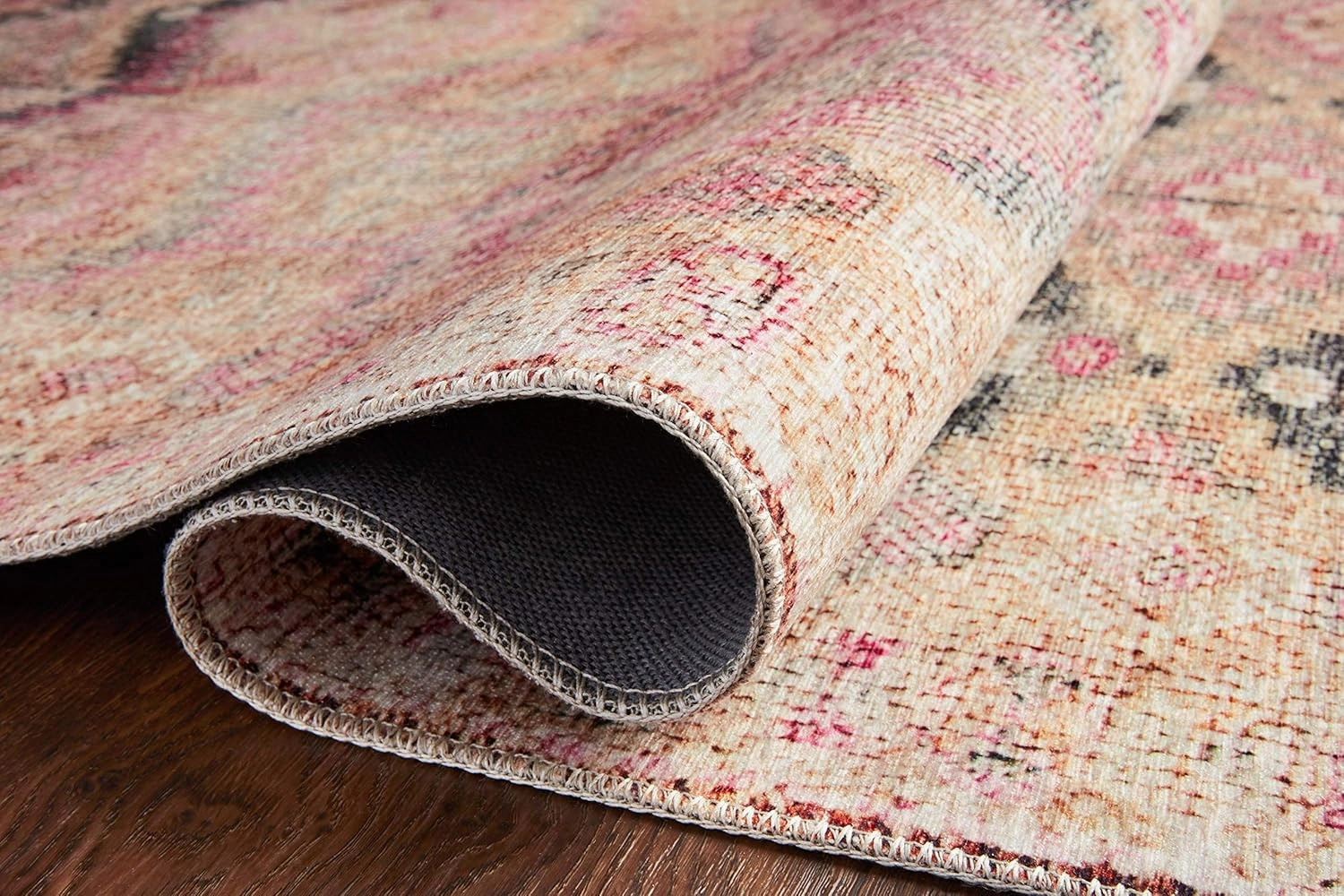 Loloi II Layla Collection, LAY-17, Pink/Lagoon, 2'-0" x 5'-0", .13" Thick, Accent Rug, Soft, Durable, Vintage Inspired, Distressed, Low Pile, Non-Shedding, Easy Clean, Printed, Living Room Rug