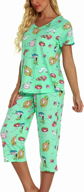 Lu's Chic Women's Cute Pajama Set Soft Cotton Capri Short Sleeve Comfy Pjs Pant Two Piece Sleepwear