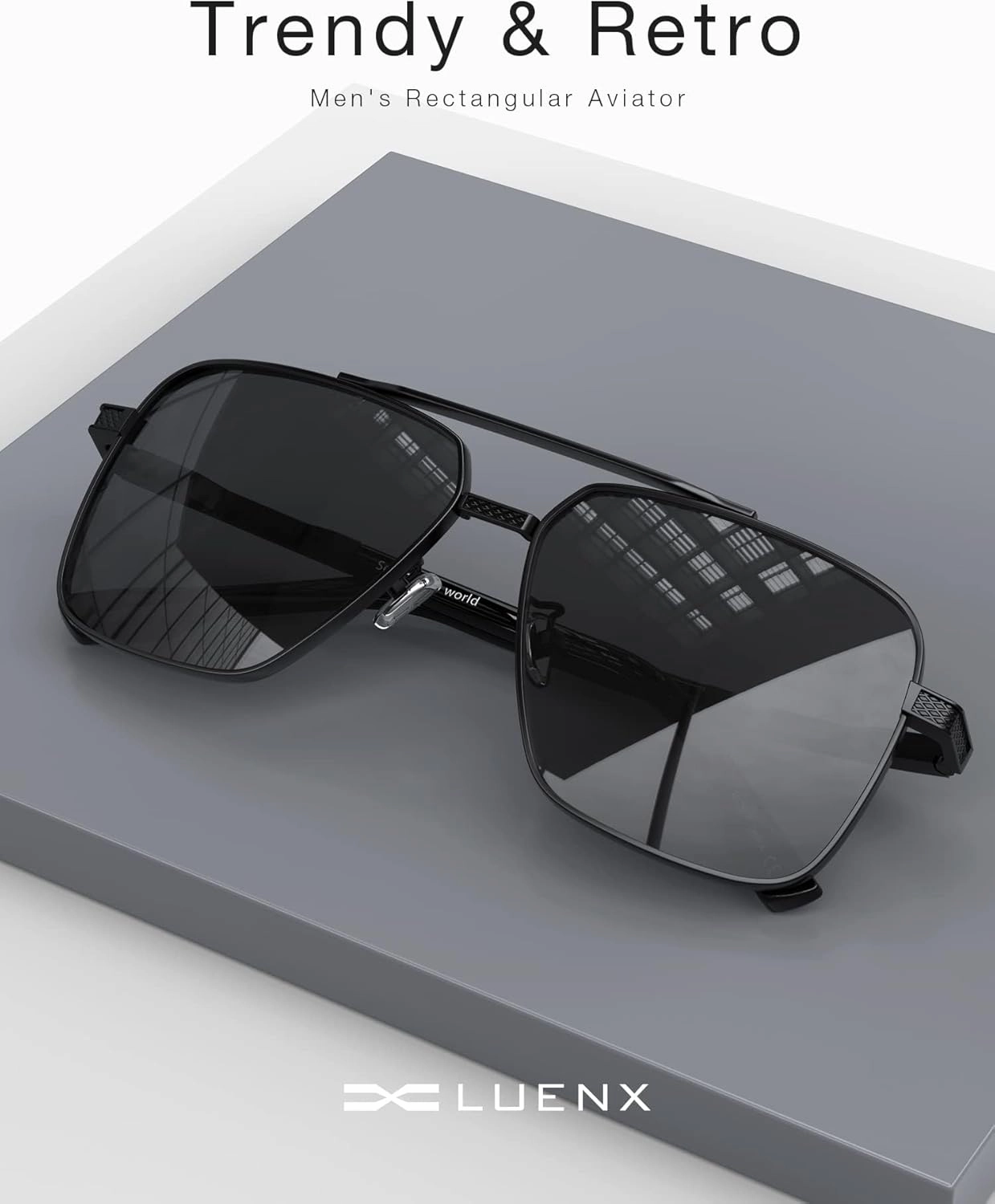 LUENX Polarized Square Aviator Sunglasses for Men,Trendy Retro Oversized Rectangular Frame UV400 Protection
