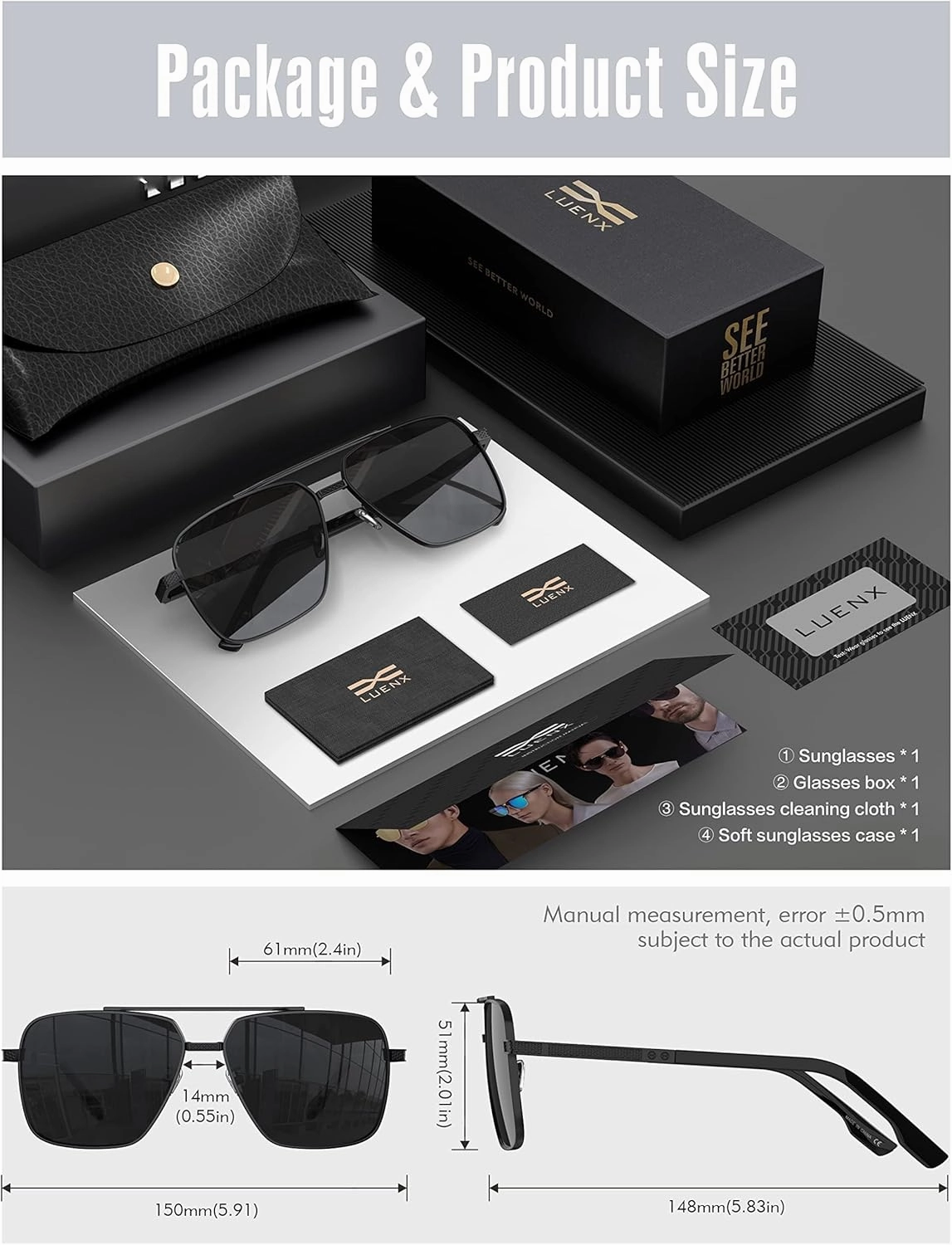 LUENX Polarized Square Aviator Sunglasses for Men,Trendy Retro Oversized Rectangular Frame UV400 Protection