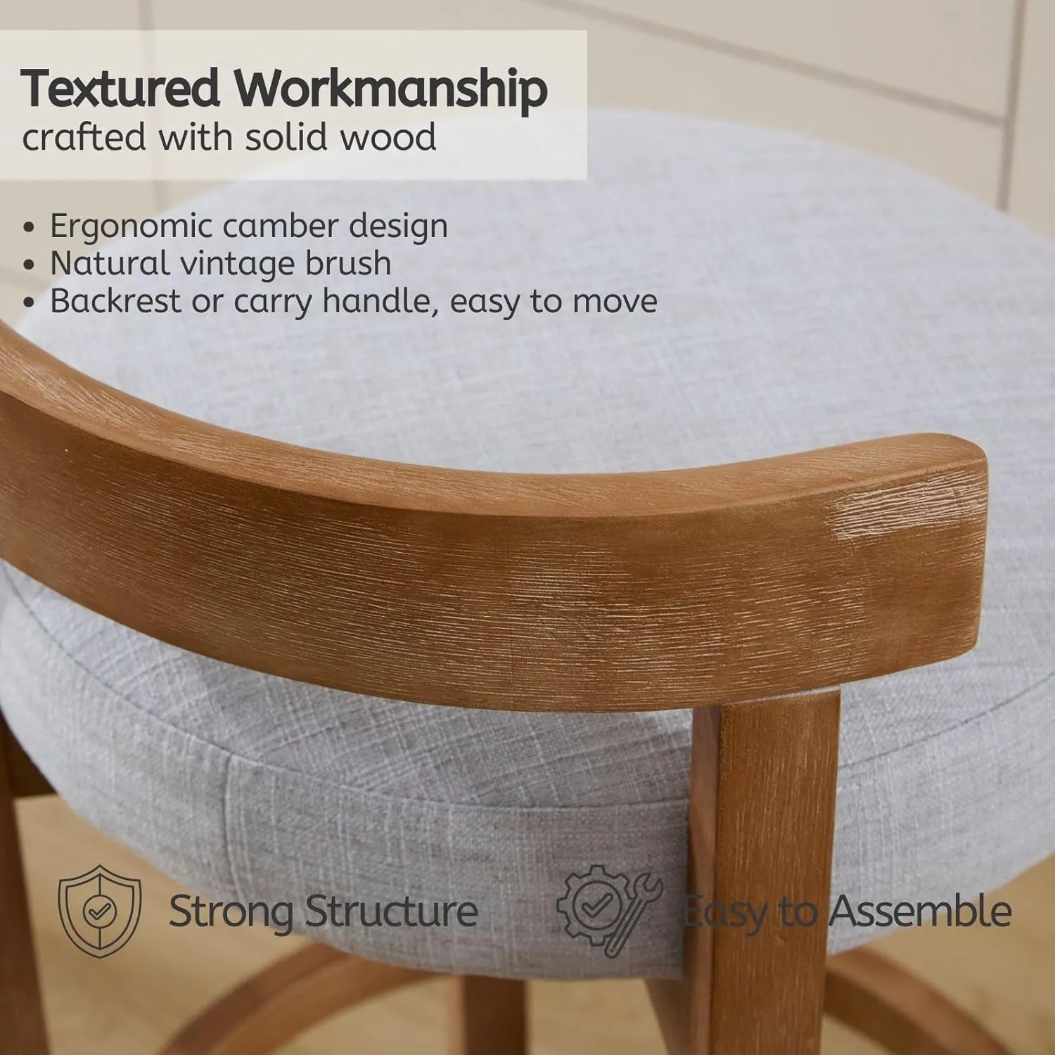 LukeAlon Mid Century Linen Counter Stools Set of 2, Upholstered 26.5" Seat Height Low Barstools with Natural Wood Legs Round Low Back Kitchen Stool with Footrest for Dining Room Pub Island, Light Grey