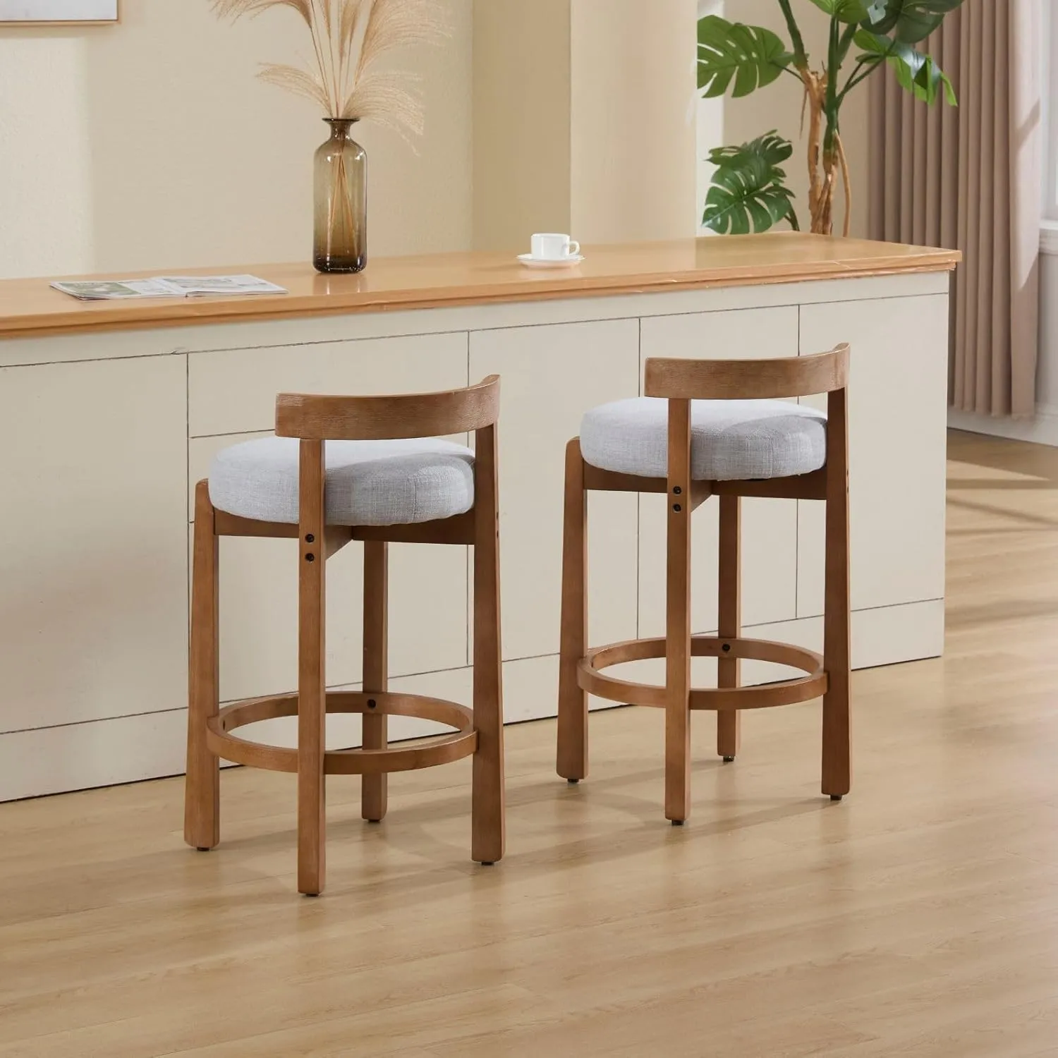 LukeAlon Mid Century Linen Counter Stools Set of 2, Upholstered 26.5" Seat Height Low Barstools with Natural Wood Legs Round Low Back Kitchen Stool with Footrest for Dining Room Pub Island, Light Grey