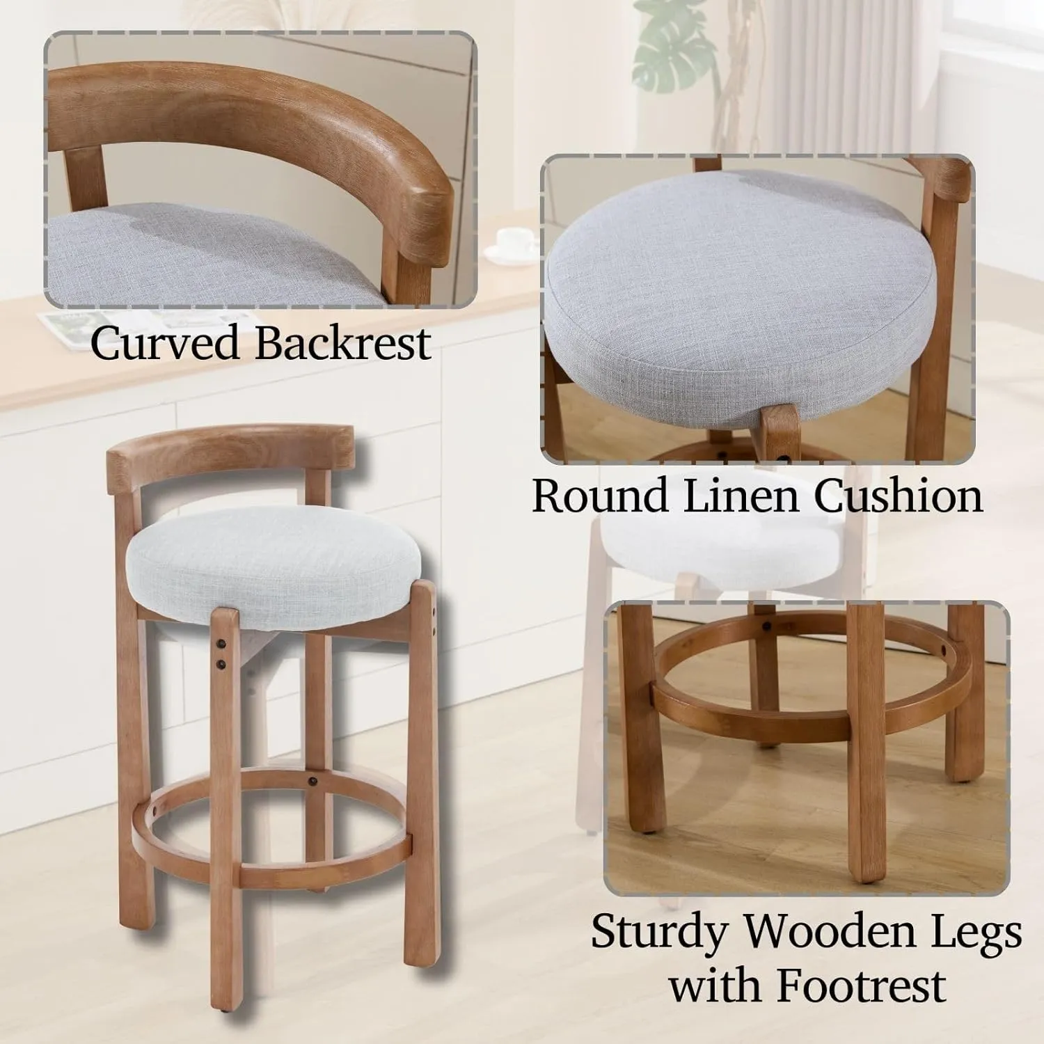 LukeAlon Mid Century Linen Counter Stools Set of 2, Upholstered 26.5" Seat Height Low Barstools with Natural Wood Legs Round Low Back Kitchen Stool with Footrest for Dining Room Pub Island, Light Grey