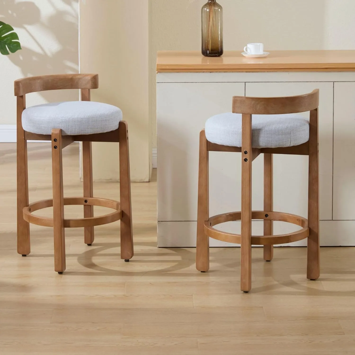 LukeAlon Mid Century Linen Counter Stools Set of 2, Upholstered 26.5" Seat Height Low Barstools with Natural Wood Legs Round Low Back Kitchen Stool with Footrest for Dining Room Pub Island, Light Grey