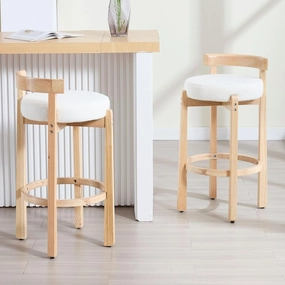 LukeAlon Mid Century Sherpa Bar Stools Set of 2, 30.25" Seat Height Upholstered Barstools with Wood Legs Modern Tall Bar Chair with Curved Low Back Round Footrest for Pub Home Kitchen Island, Beige