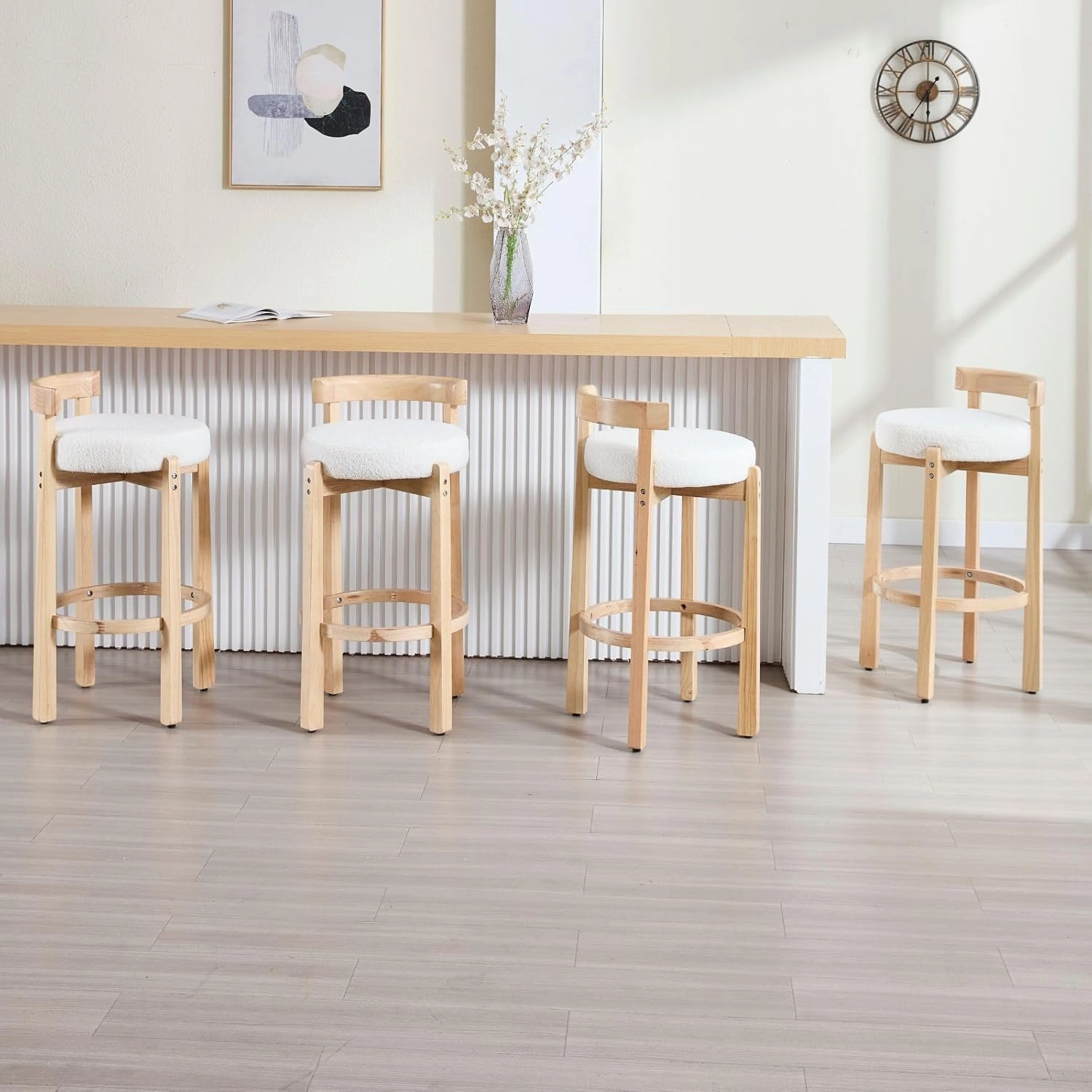 LukeAlon Mid Century Sherpa Bar Stools Set of 2, 30.25" Seat Height Upholstered Barstools with Wood Legs Modern Tall Bar Chair with Curved Low Back Round Footrest for Pub Home Kitchen Island, Beige