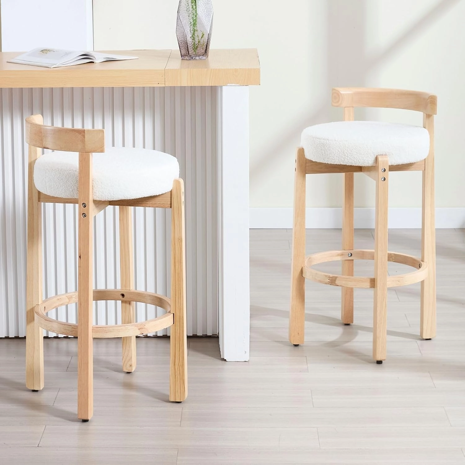 LukeAlon Mid Century Sherpa Bar Stools Set of 2, 30.25" Seat Height Upholstered Barstools with Wood Legs Modern Tall Bar Chair with Curved Low Back Round Footrest for Pub Home Kitchen Island, Beige