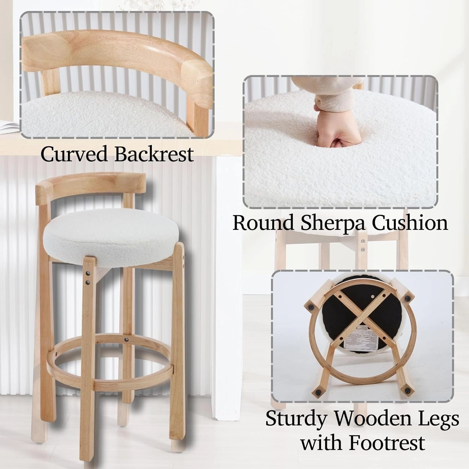 LukeAlon Mid Century Sherpa Bar Stools Set of 2, 30.25" Seat Height Upholstered Barstools with Wood Legs Modern Tall Bar Chair with Curved Low Back Round Footrest for Pub Home Kitchen Island, Beige