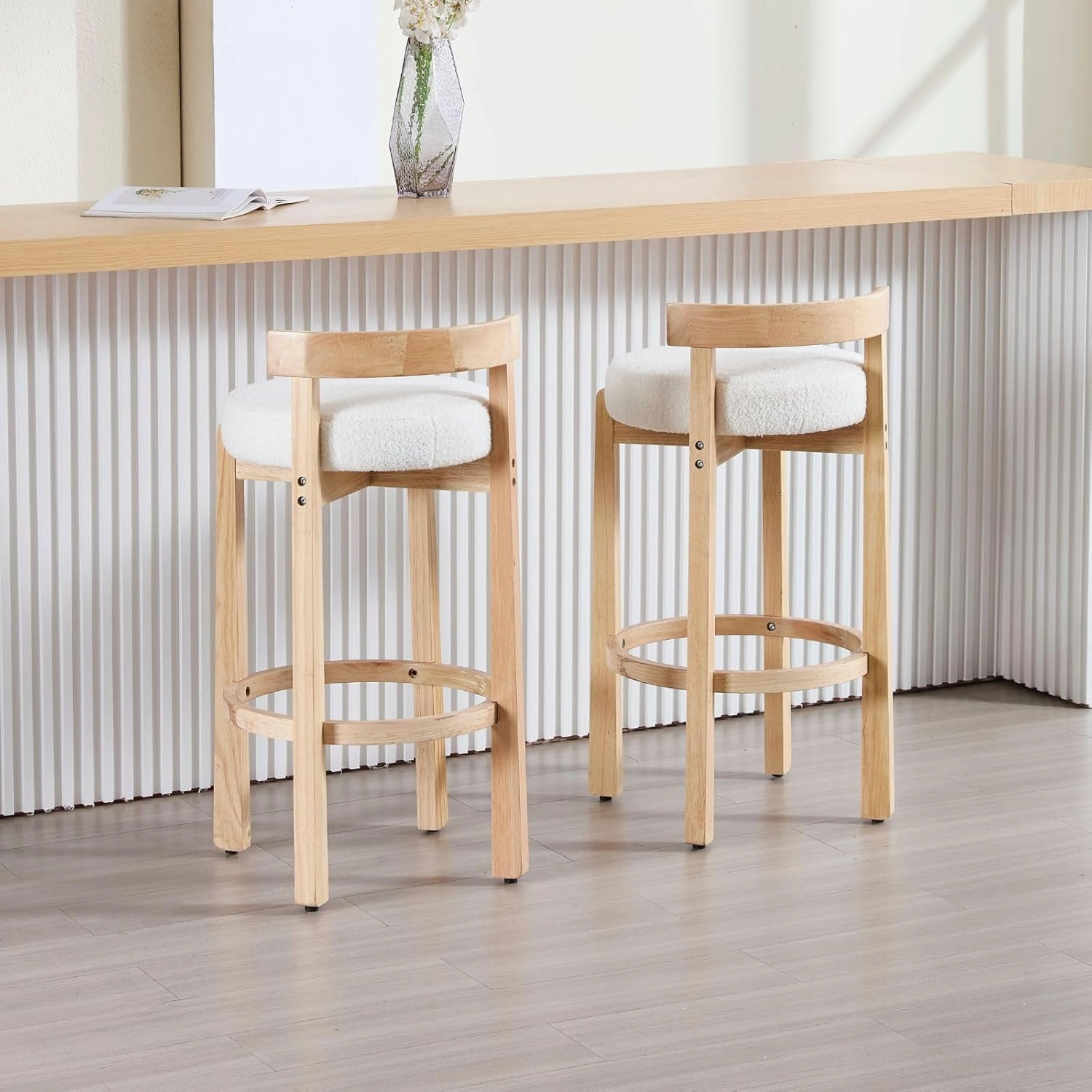 LukeAlon Mid Century Sherpa Bar Stools Set of 2, 30.25" Seat Height Upholstered Barstools with Wood Legs Modern Tall Bar Chair with Curved Low Back Round Footrest for Pub Home Kitchen Island, Beige