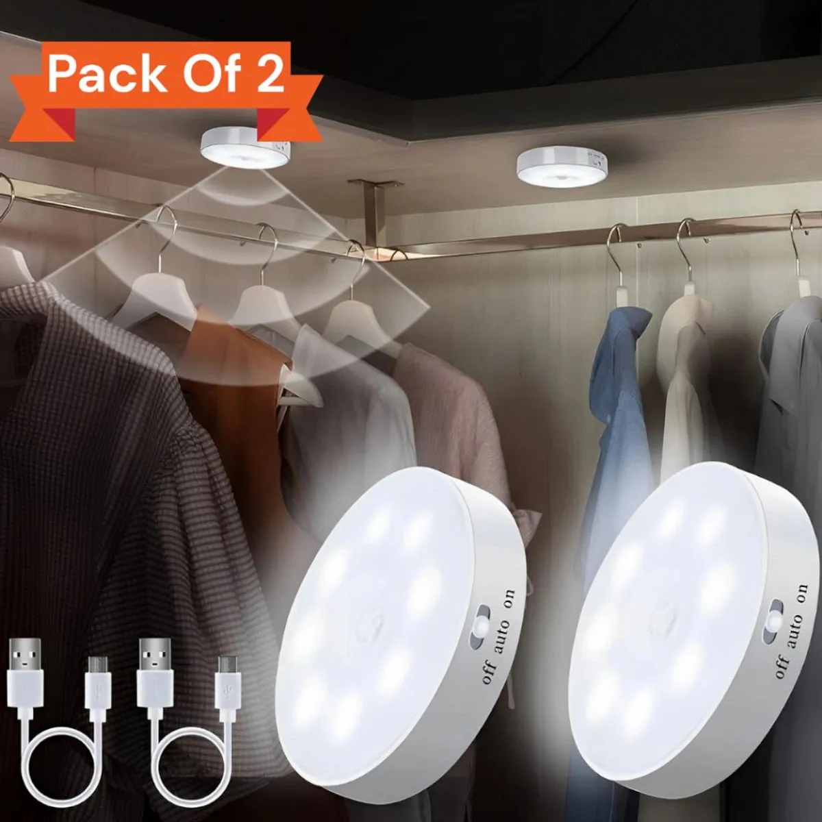 Lumiq: Motion Sensor LED Night Light, USB Rechargeable, Auto-On Cabinet Light with Warm Glow for Wardrobe, Stairs, Hallway, Kitchen & Closet Use (Pack of 2)