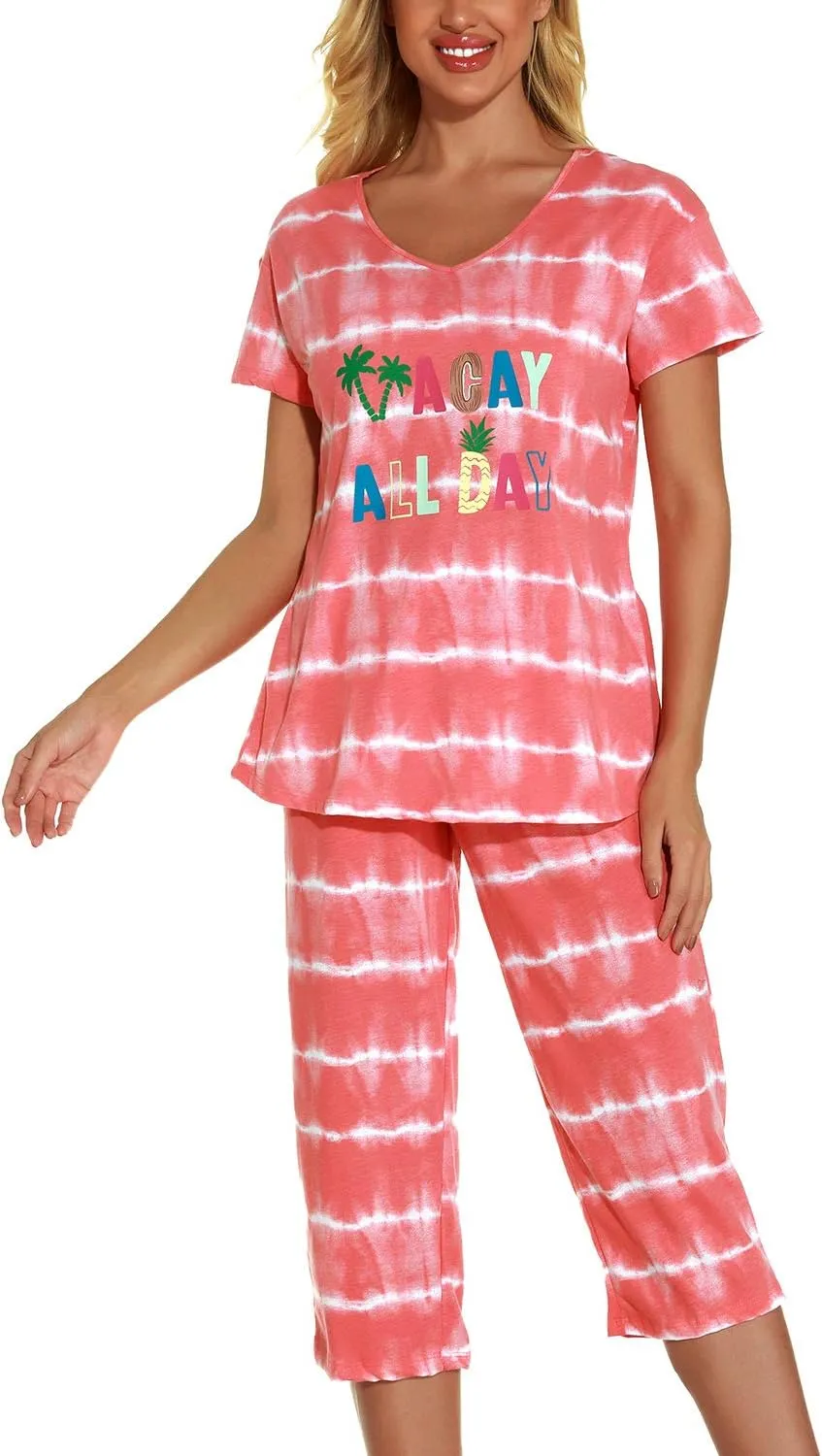 Lu's Chic Women's Cute Pajama Set Soft Cotton Capri Short Sleeve Comfy Pjs Pant Two Piece Sleepwear