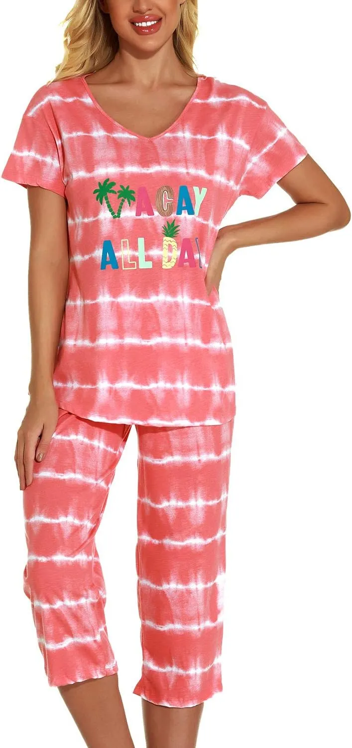 Lu's Chic Women's Cute Pajama Set Soft Cotton Capri Short Sleeve Comfy Pjs Pant Two Piece Sleepwear