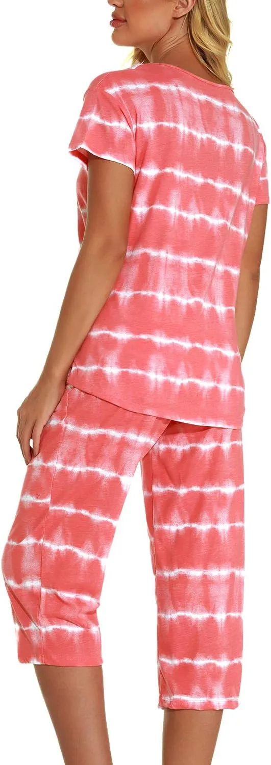 Lu's Chic Women's Cute Pajama Set Soft Cotton Capri Short Sleeve Comfy Pjs Pant Two Piece Sleepwear