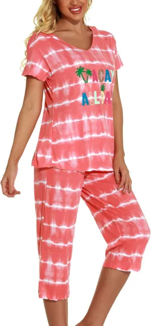 Lu's Chic Women's Cute Pajama Set Soft Cotton Capri Short Sleeve Comfy Pjs Pant Two Piece Sleepwear