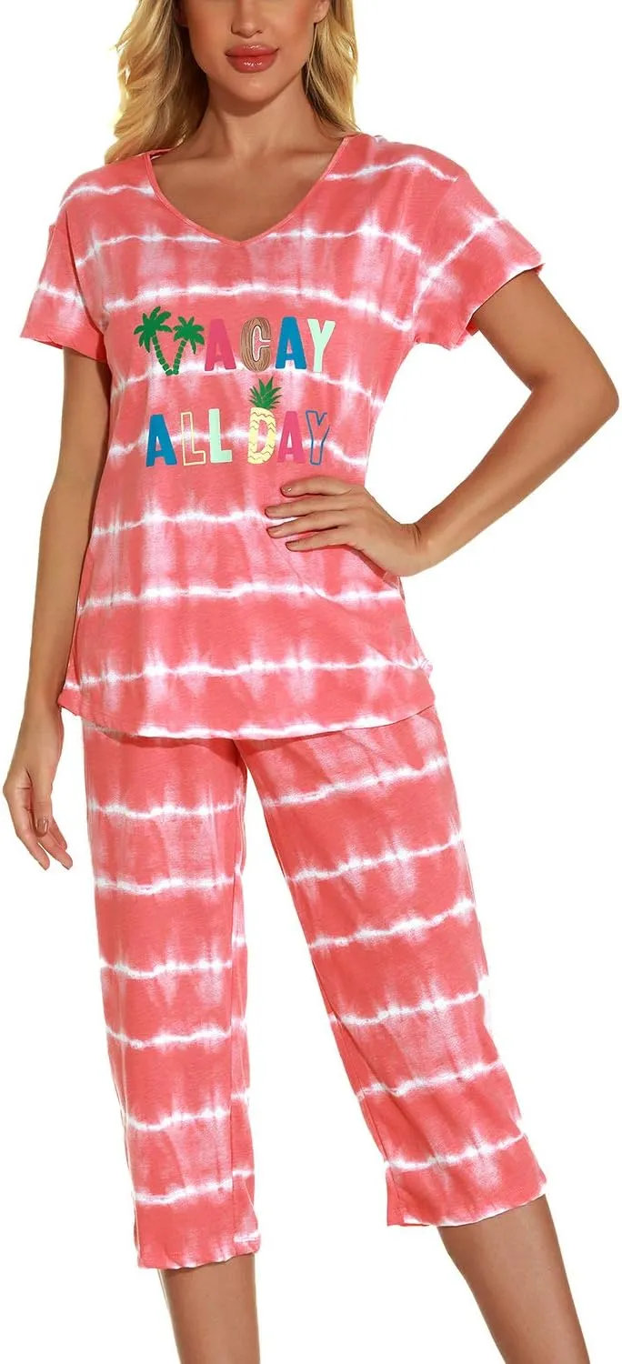 Lu's Chic Women's Cute Pajama Set Soft Cotton Capri Short Sleeve Comfy Pjs Pant Two Piece Sleepwear