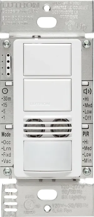 Lutron Maestro Dual Tech Dual Circuit Occupancy Sensor Switch, neutral required, 6 Amp 3-Way/Multi-Location, MS-B202-WH, White