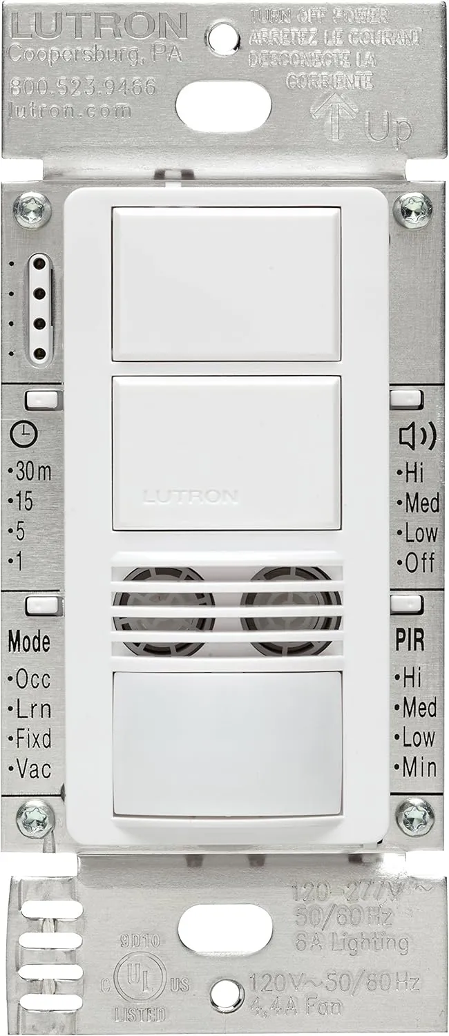Lutron Maestro Dual Tech Dual Circuit Occupancy Sensor Switch, neutral required, 6 Amp 3-Way/Multi-Location, MS-B202-WH, White