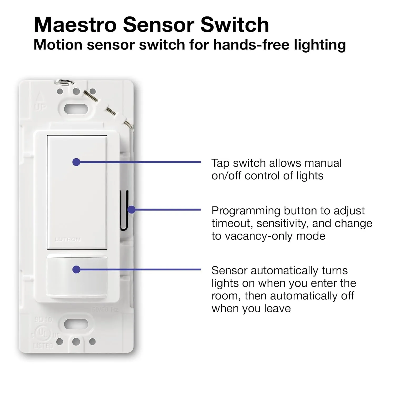 Lutron Maestro Motion Sensor Light Switch for Bathroom, Garage, Laundry Room, and Closet, for Any Light Bulbs, Occupancy and Vacancy Sensor, Single-Pole Only, No Neutral Required, MS-OPS2-BL, Black