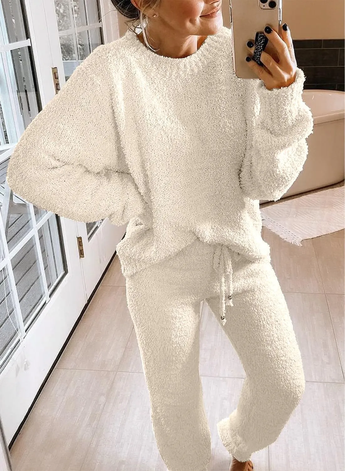 luvamia Women's Casual Pajama Set Fuzzy Fleece Knitted Long Sleeve Pj Loungewear