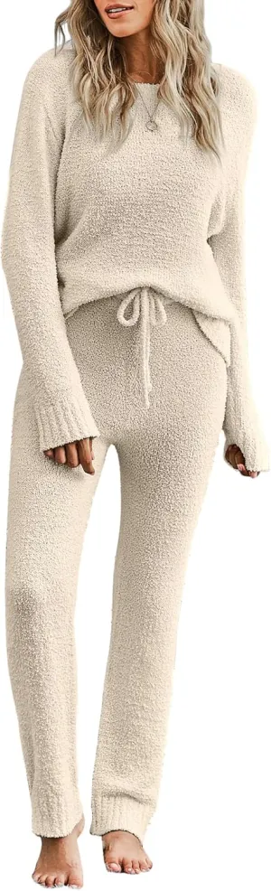 luvamia Women's Casual Pajama Set Fuzzy Fleece Knitted Long Sleeve Pj Loungewear