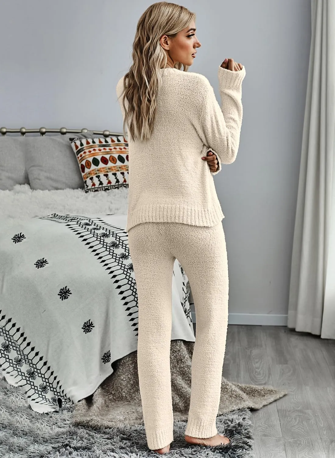 luvamia Women's Casual Pajama Set Fuzzy Fleece Knitted Long Sleeve Pj Loungewear