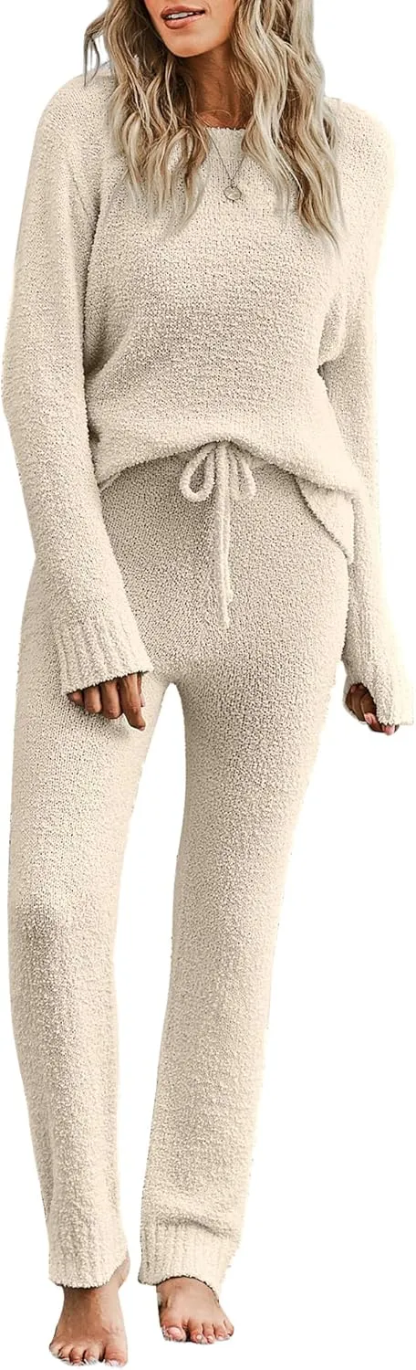luvamia Women's Casual Pajama Set Fuzzy Fleece Knitted Long Sleeve Pj Loungewear