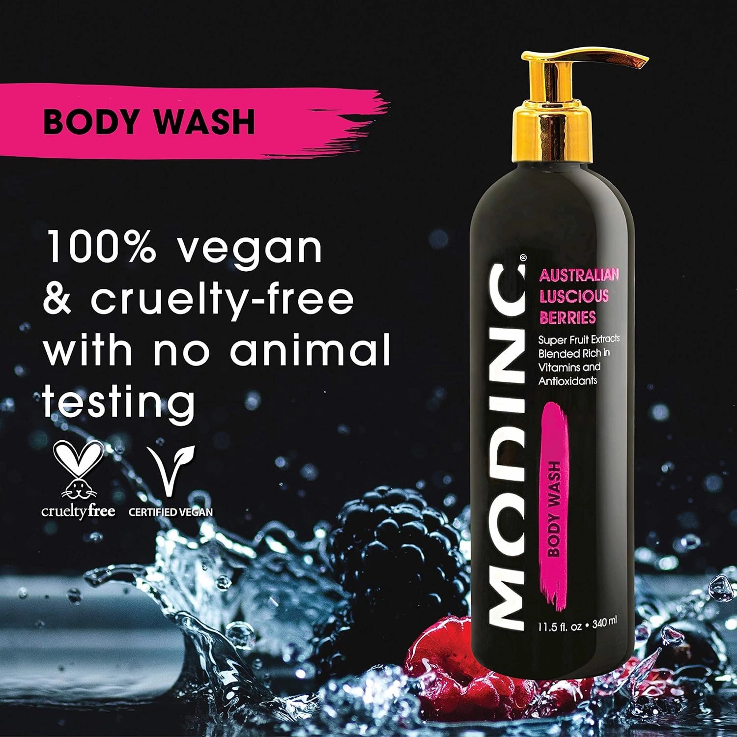 Luxury Body Wash Australian Luscious Berries Formula, Hydration Blend, Vegan, Cruelty Free, Pump, 11.5 Ounces