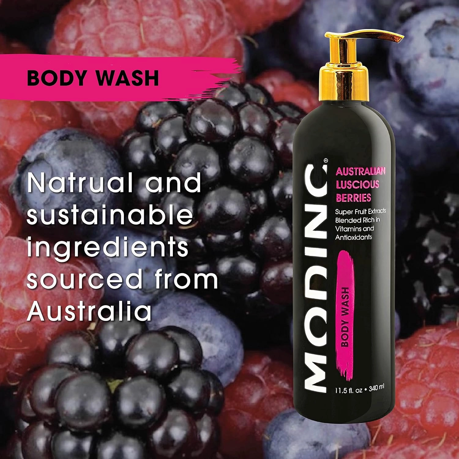 Luxury Body Wash Australian Luscious Berries Formula, Hydration Blend, Vegan, Cruelty Free, Pump, 11.5 Ounces