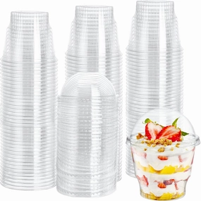 Lyellfe 100 Pack Dessert Cups with Dome Lids, 12 Oz Clear Plastic Cups, BPA Free Disposable Parfait Ice Cream Snack Cups for Pudding, Fruit, Cupcake, Iced Cold Drinks