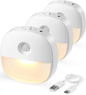 Lyridz Rechargeable Night Light, Motion Sensor Battery Nightlight, Mini Stick-on LED Closet Light, 1-20LM Dimmable Brightness for Bedroom, Kitchen, Washroom, Stairs, Hallway, 3-Pack
