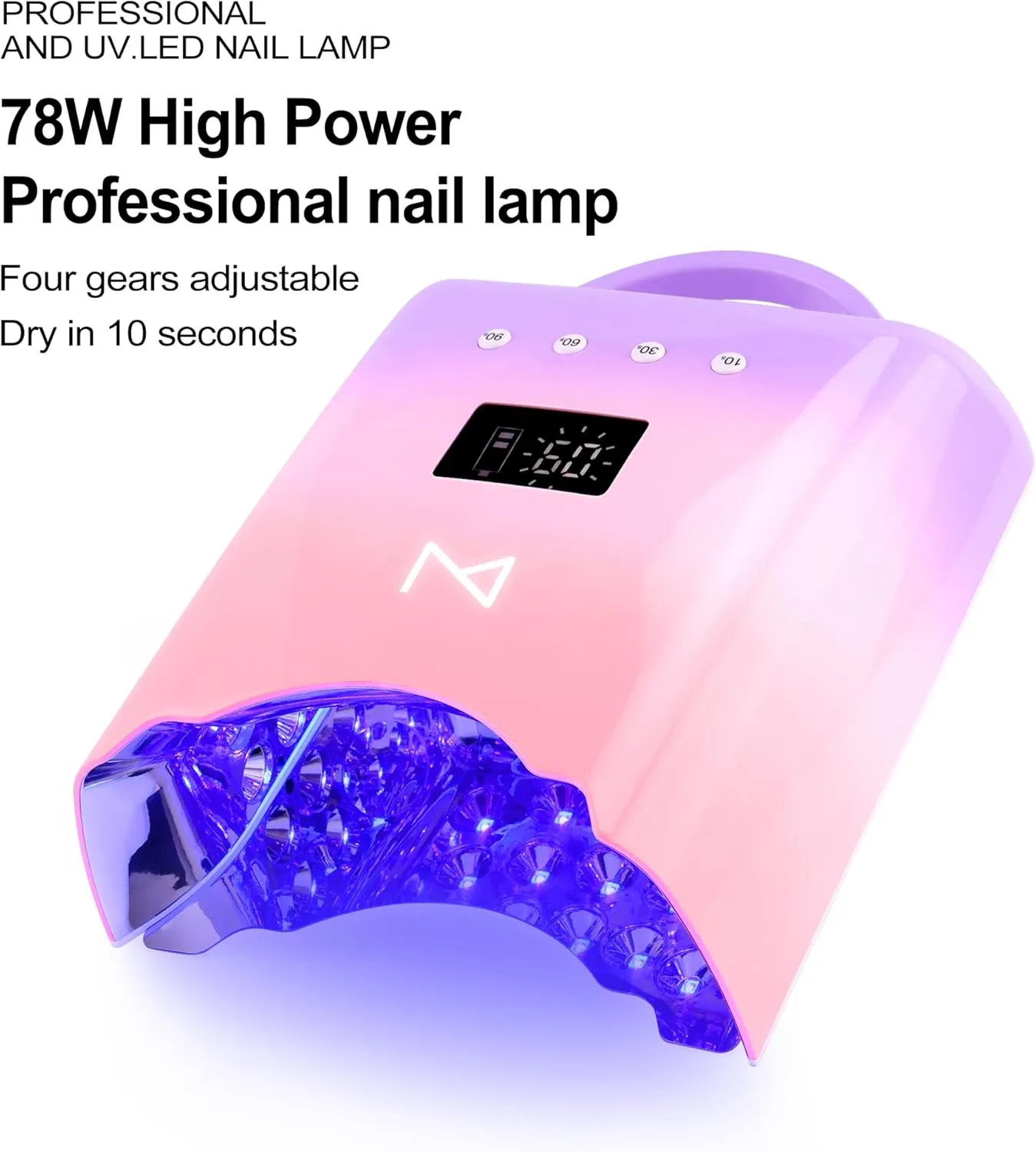 M - NEO Cordless & Rechargeable Nail Curing Lamp 78W with 4 LCD Time Display Timer, Auto Sensor, and Spacious Interior for All Hand Sizes and Nail Lengths (Violet)