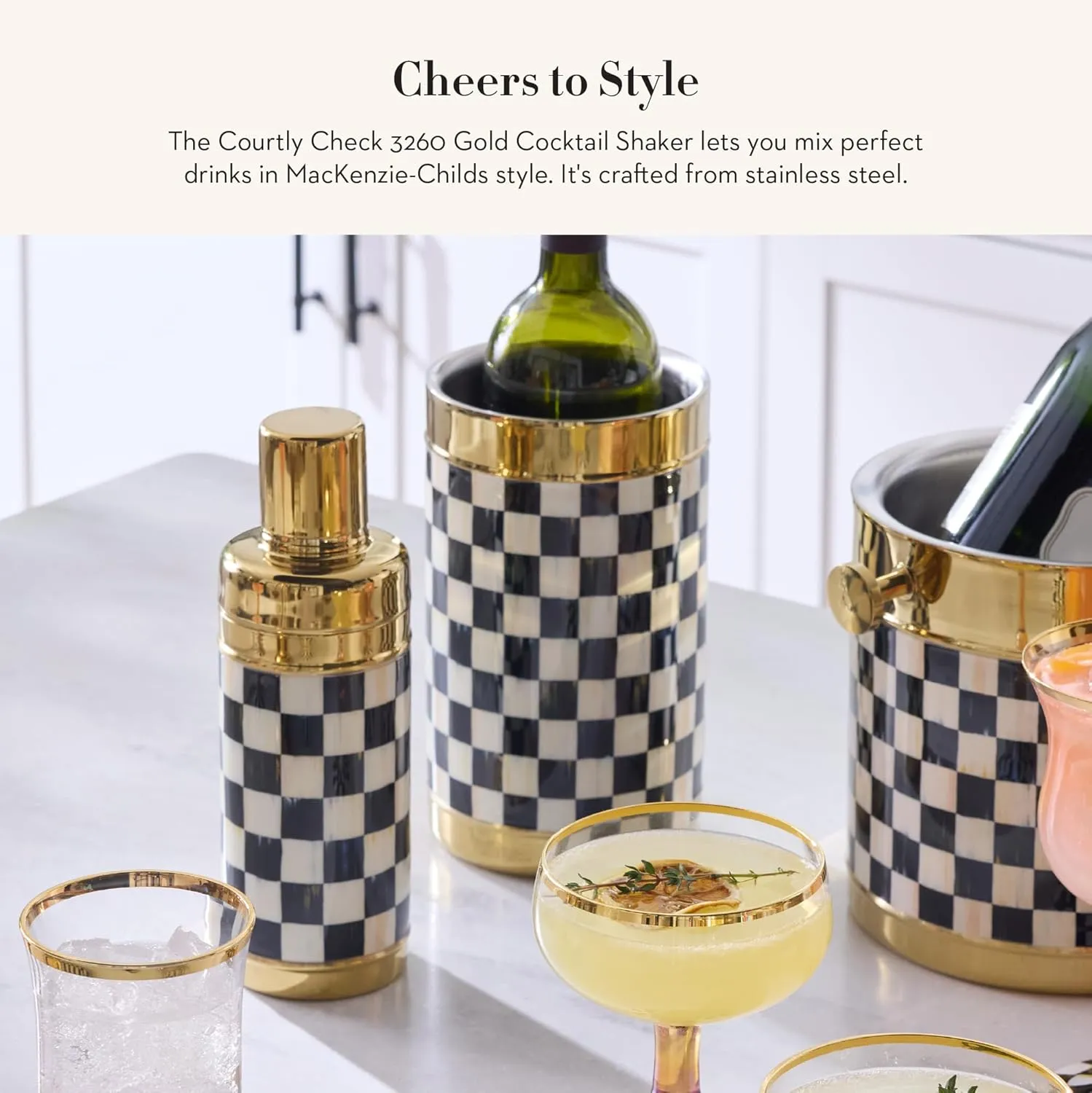 MACKENZIE-CHILDS 3260 20-Ounce Cocktail Shaker, Stainless-Steel Shaker Cup with Lid, Black-and-White Courtly Check with Gold