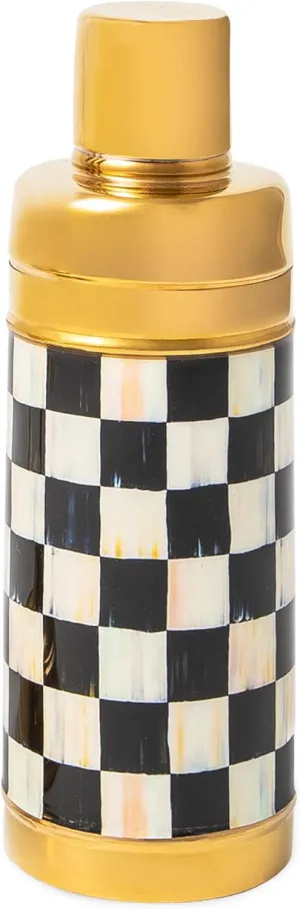 MACKENZIE-CHILDS 3260 20-Ounce Cocktail Shaker, Stainless-Steel Shaker Cup with Lid, Black-and-White Courtly Check with Gold