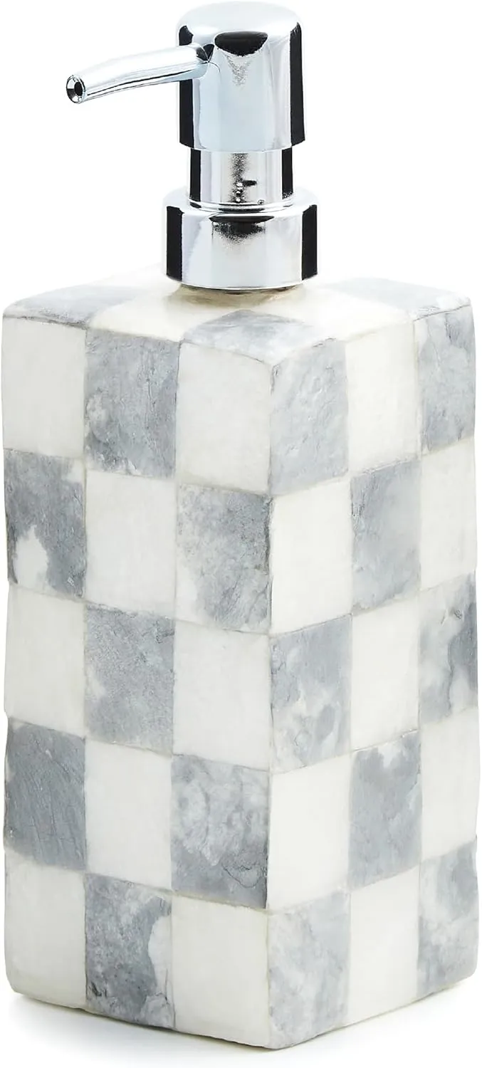 MACKENZIE-CHILDS Capiz Soap Pump, Liquid-Soap Dispenser for Bathroom or Kitchen, Gray-and-White Sterling Check