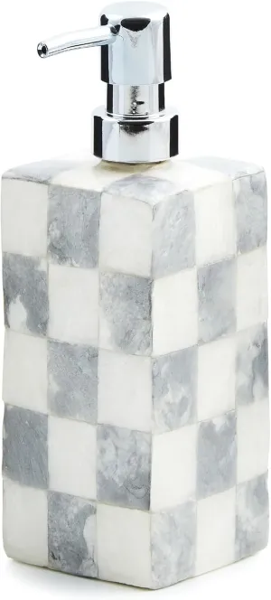 MACKENZIE-CHILDS Capiz Soap Pump, Liquid-Soap Dispenser for Bathroom or Kitchen, Gray-and-White Sterling Check