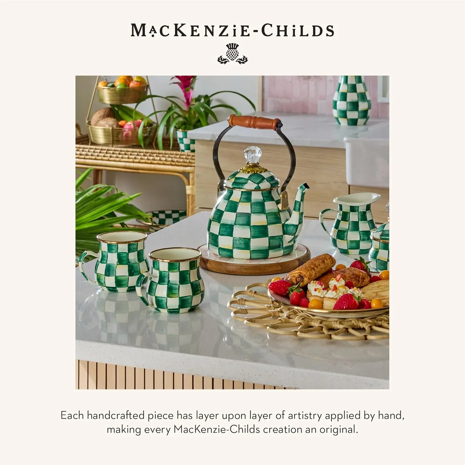 MACKENZIE-CHILDS Enamel Compote, Cute Enamel Pedestal Serving Dish or Decorative Bowl, Small, Green-and-White Emerald Check