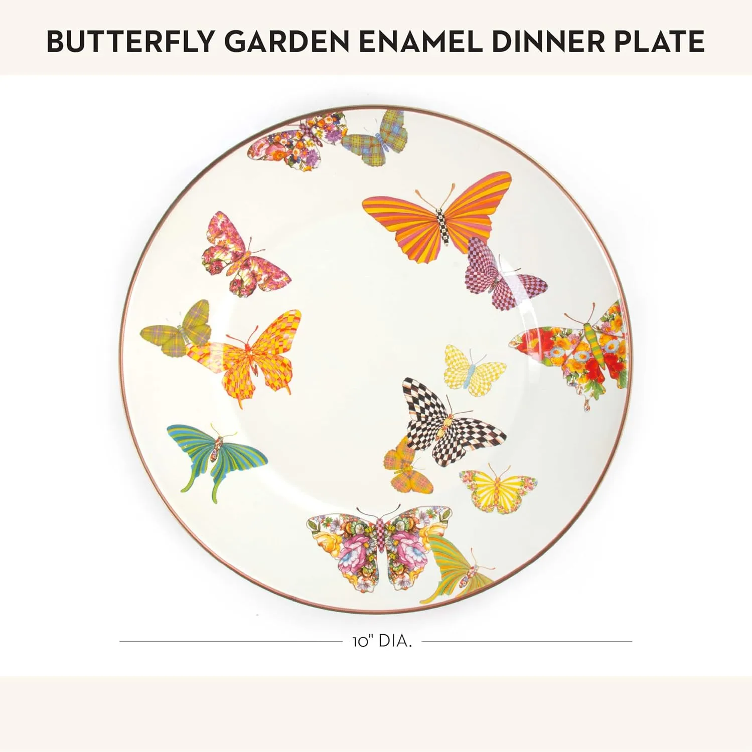 MACKENZIE-CHILDS Enamel Dinner Plate, Decorative Dinnerware Plate, 10 Inches, Set of 1, Butterfly Garden